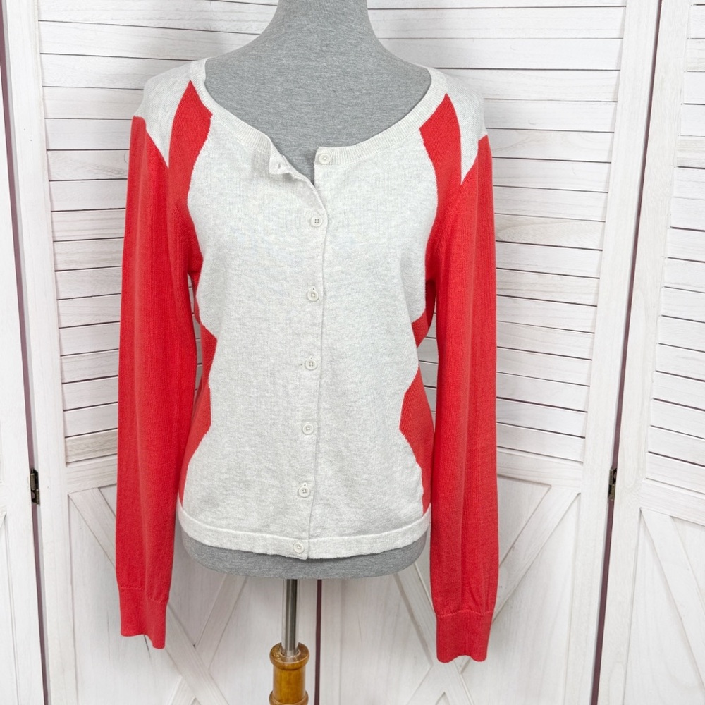 Cabi Colorblock Button Up Cardigan Sweater Tan‎ Coral Red Medium